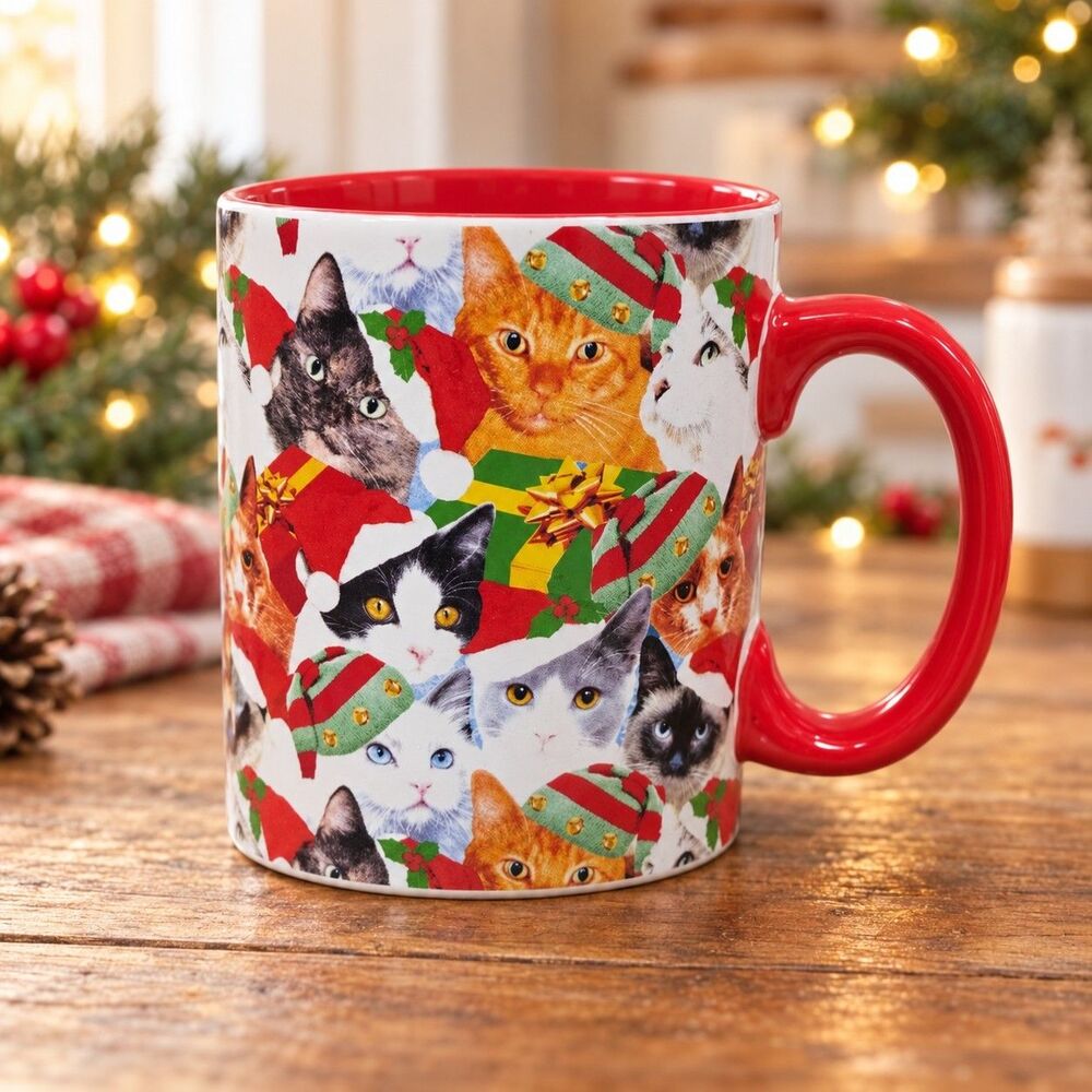 Christmas Cat Coffee Mug Large 5” Holiday Cats Santa Hats Red Grannycore Cottage